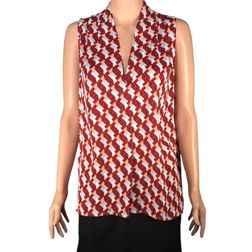 Laundry by Shelli Segal Red Geometric V-Neck Sleeveless Blouse Size S LYMR6010